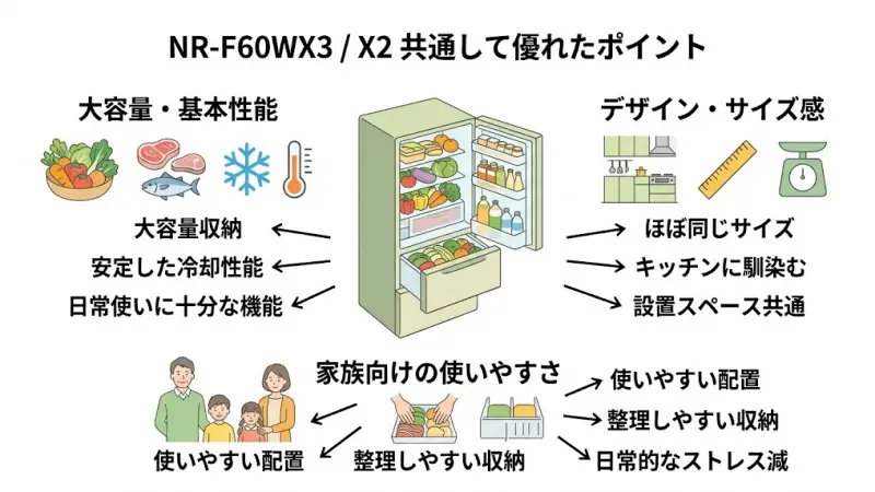 NR-F60WX3とNR-F60WX2には共通して優れている点も多くあります。