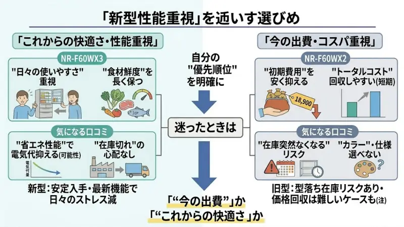 価格を抑えたい → NR-F60WX2
快適さ・性能を重視したい → NR-F60WX3