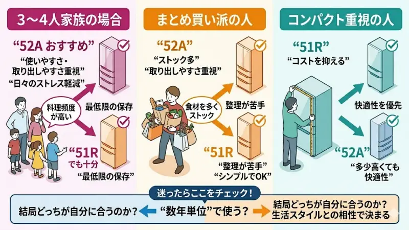 料理頻度が高い → 52Aがおすすめ
最低限の保存ができればOK → 51Rでも十分