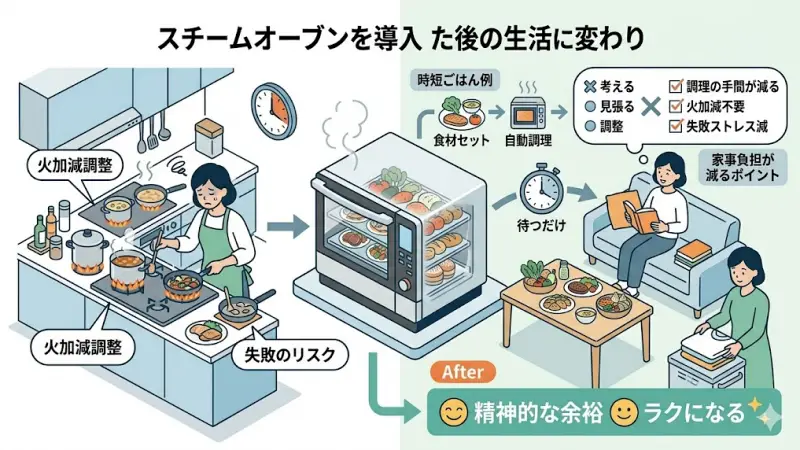 ヘルシオを選ぶうえで大切なのは、「実際の生活がどう変わるか」をイメージすることです。
ここでは、導入後に感じやすい変化を、できるだけ具体的に紹介します。