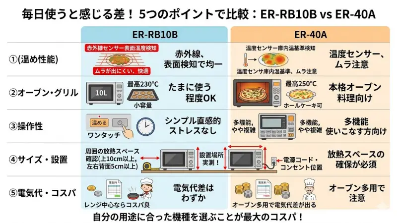 毎日いちばん使う「温め直し」の性能は、ER-RB10Bが一歩リードしています。