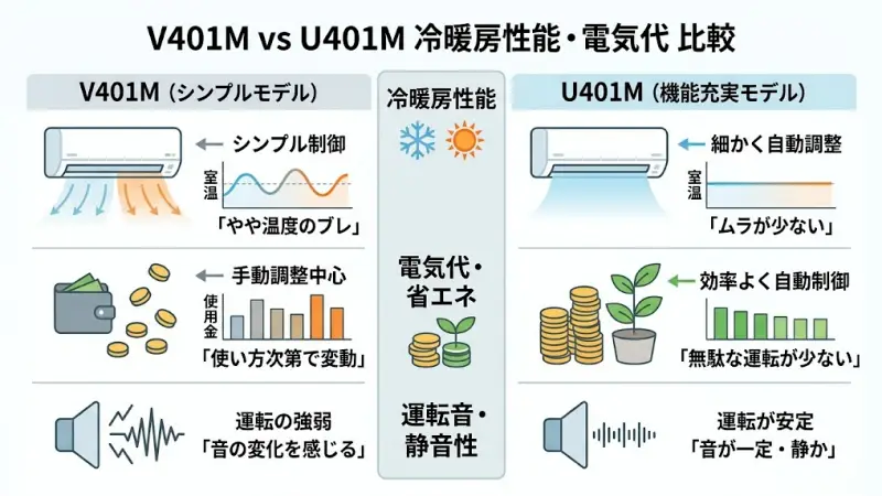 V401MとU401Mは基本的な冷暖房能力に大きな差はありませんが、使い方によって体感差が出ます。