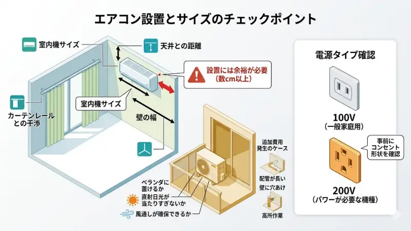 エアコン選びで意外と見落としがちなのが、設置条件とサイズです。