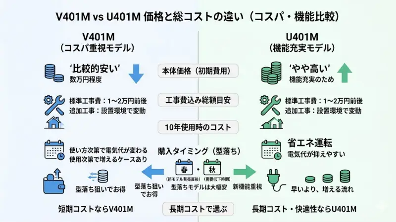 V401M：比較的安い（コスパ重視）
U401M：やや高い（機能充実）