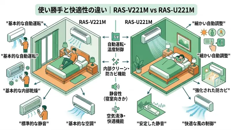V221M：基本的な自動運転（シンプル）
U221M：より細かい温度制御と自動調整