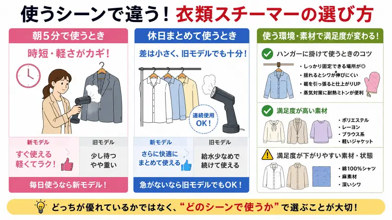 衣類スチーマーの使用シーン比較図｜朝の時短・休日まとめ使い・素材別のリアルな使い勝手をわかりやすく解説した16:9バナー型図解