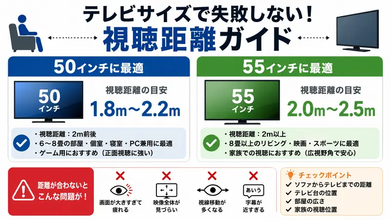 テレビサイズ別の最適な視聴距離ガイドを比較した図解バナー。50インチと55インチのおすすめ距離や部屋サイズ、用途別の選び方をわかりやすく解説。