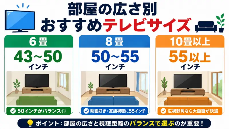 部屋の広さ別におすすめテレビサイズを比較した図解。6畳は43〜50インチ、8畳は50〜55インチ、10畳以上は55インチ以上が目安。