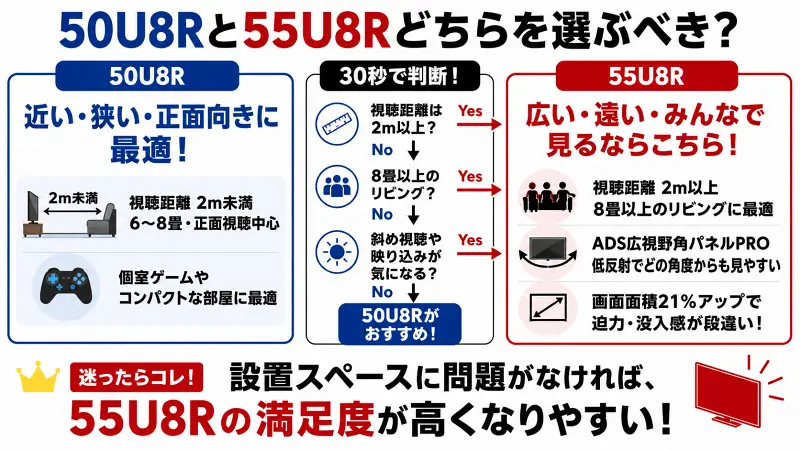 50U8Rと55U8Rの違いを比較した図解。視聴距離・部屋サイズ・視野角・映り込み対策から最適なテレビサイズを30秒で判断できる16:9バナー。