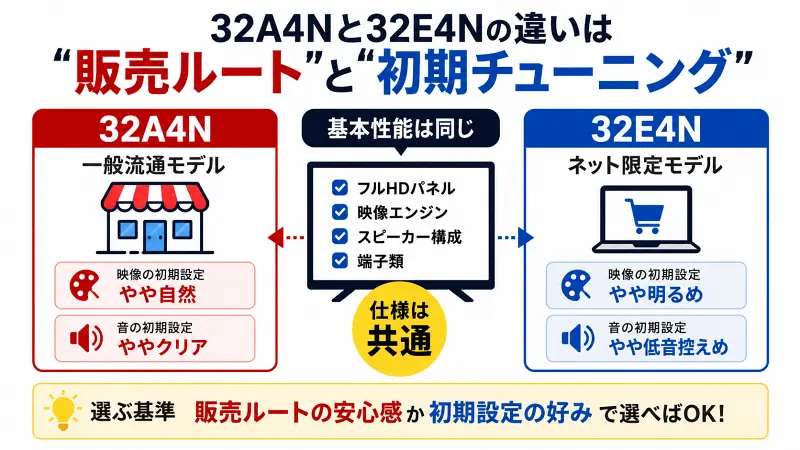 "32A4Nと32E4Nの違いを比較した16:9バナー型図解。販売ルートと初期チューニングが主な違いで、基本性能は同じと一目で理解できるフラットデザイン。"
