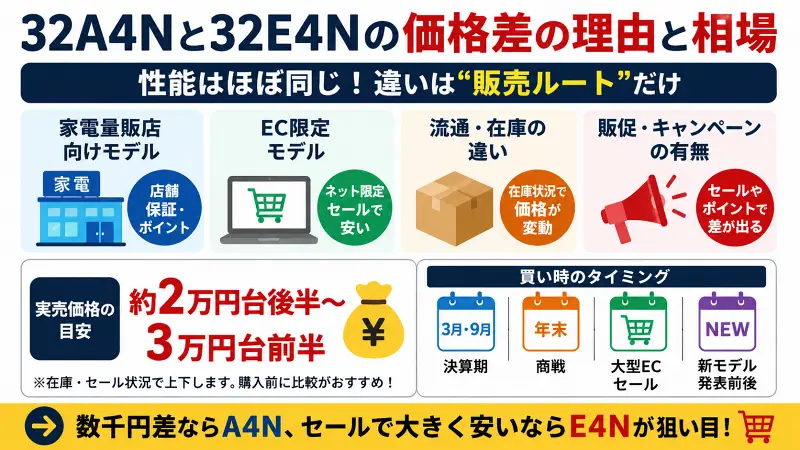 32A4Nと32E4Nの価格差の理由を比較した16:9バナー図解。性能差ではなく販売ルートや在庫、セール時期が価格差の主因で、買い時と実売価格帯も簡潔に解説。