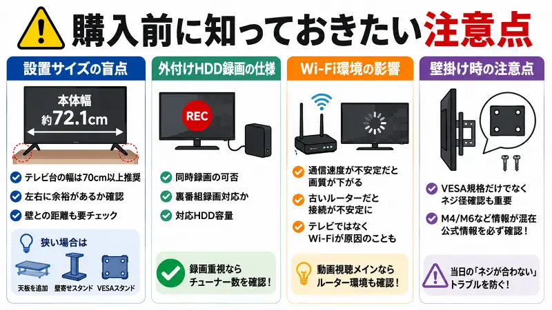 32型テレビ購入前の注意点を比較形式で整理した16:9バナー図解。設置サイズ、外付けHDD録画、Wi-Fi環境、壁掛け時の確認ポイントを大きな文字とアイコンで視覚的に解説。