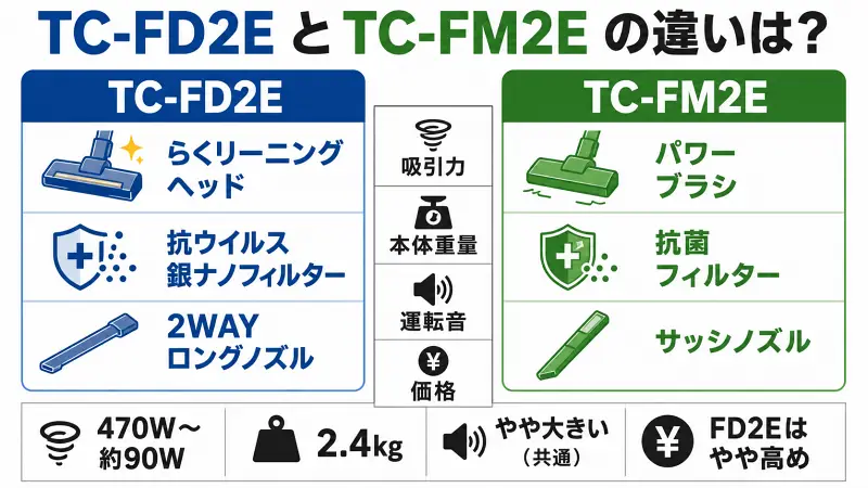 TC-FD2EとTC-FM2Eの違いを比較した図解。吸引力と重量は同じで、TC-FD2Eはらくリーニングヘッド・抗ウイルス銀ナノフィルター・2WAYロングノズル搭載、TC-FM2Eはパワーブラシ・抗菌フィルター・サッシノズル搭載。価格と使い勝手の違いがひと目でわかる比較表。