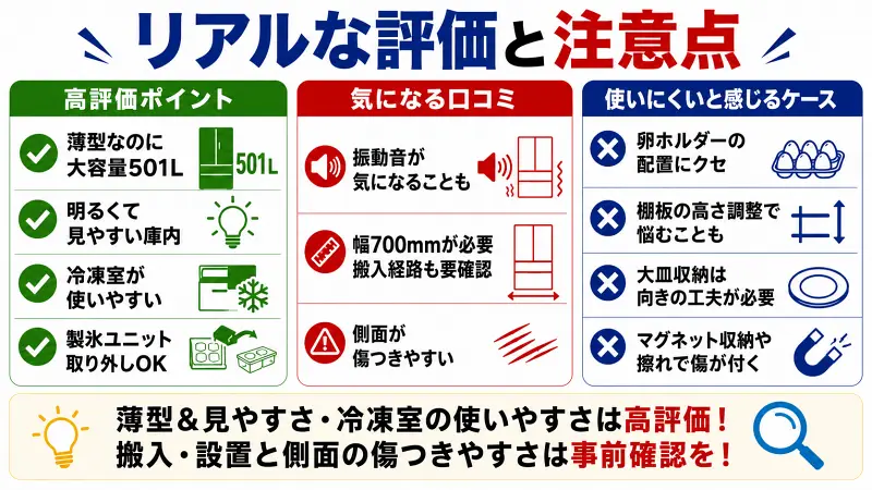 AQUA冷蔵庫TXA50A・TXA50Rの口コミ評価を図解。薄型なのに501L大容量、見やすい庫内、使いやすい冷凍室が高評価。一方で搬入経路確認や幅700mm確保、側面の傷つきやすさ、振動音への注意点をまとめた比較イラスト。
