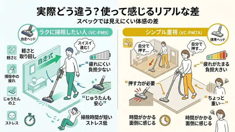 VC-PM9はスムーズに動くため、掃除時間が短くなりやすく、結果としてストレスを感じにくいです。
一方でVC-PM7Aは、押す動作が増えることで、じわじわと疲れや面倒さを感じやすい傾向があります。