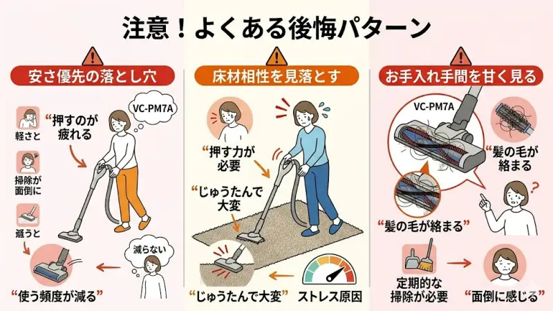 VC-PM7Aは使い方によっては髪の毛が絡まりやすく、定期的な掃除が必要になります。