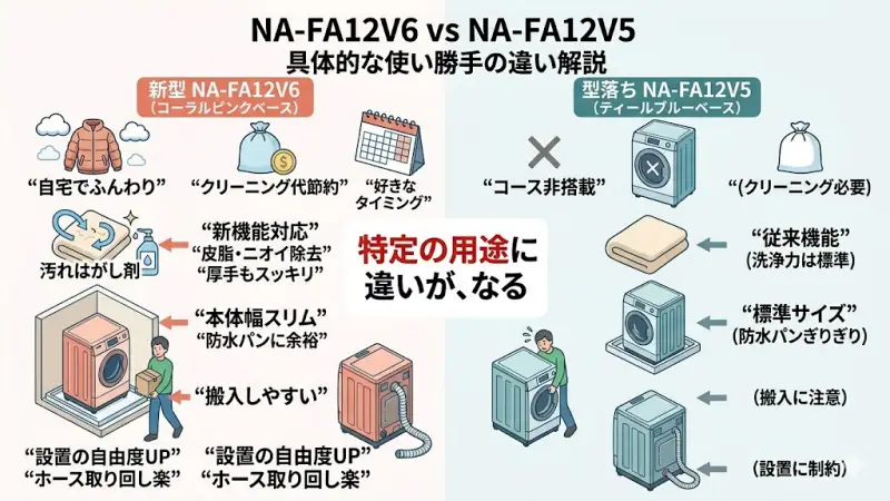 NA-FA12V6で新搭載されたダウンジャケット専用コースと毛布洗浄機能の進化を説明する図解