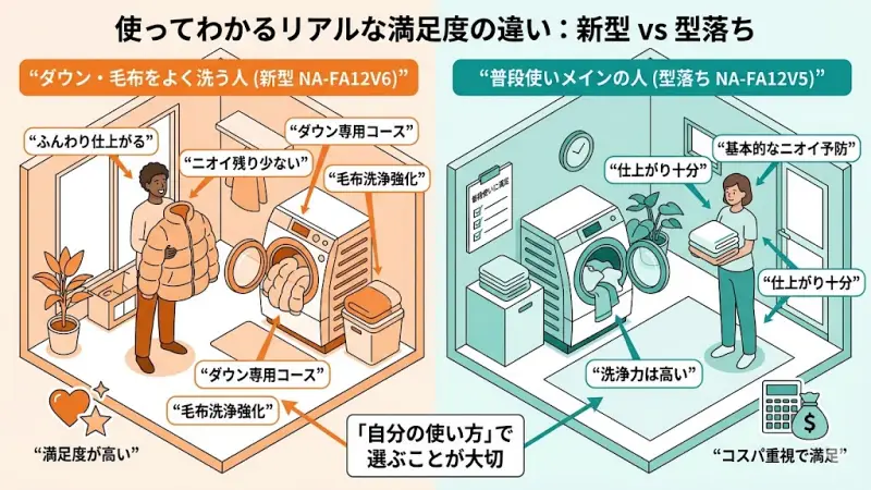 自宅でダウンジャケットや毛布を洗濯する際のNA-FA12V6とNA-FA12V5の使い勝手の違い