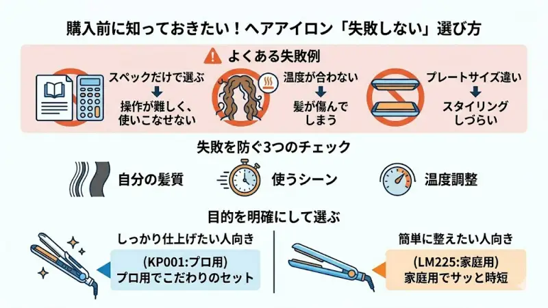 ヘアアイロン選びで失敗しやすいポイント（温度調整ミスやサイズ選び）をまとめた図解