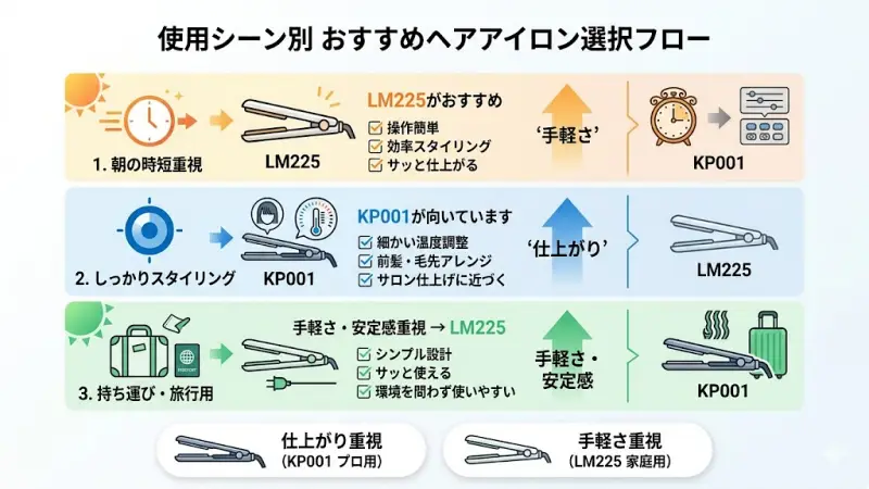 忙しい朝の時短にはLM225、週末のこだわりセットにはKP001が向いていることを示すシーン別比較図