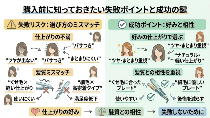 ヘアアイロン選びで失敗しやすいポイント。自分の髪質や求める質感に合わないモデルを選んだ時のイメージ図