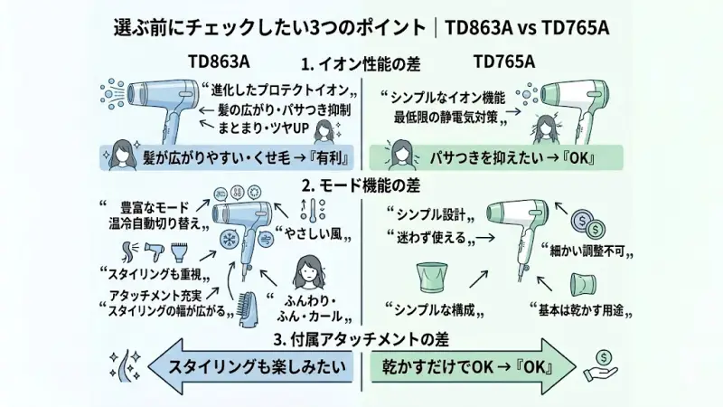 TD863AとTD765Aの主な違いであるイオン性能、モード数、アタッチメントの内容を比較したインフォグラフィック