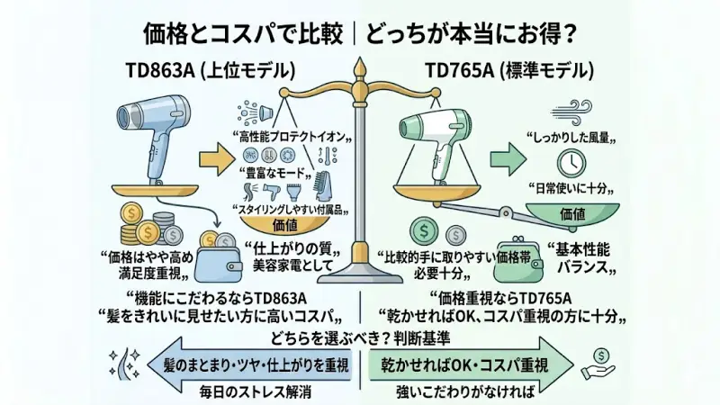 TD863Aの機能性とTD765Aの低価格を比較し、どちらが自分にとってコスパが良いかを判断するイメージ図