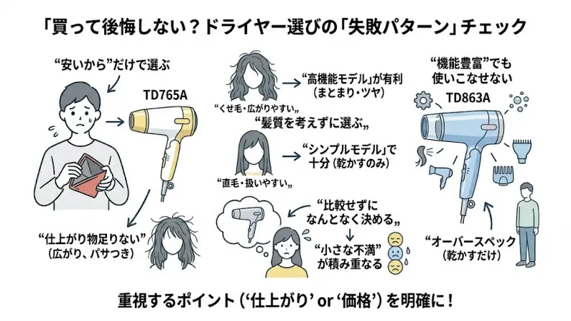 ドライヤー選びで失敗しやすい、価格だけで選んで仕上がりに不満が出るケースや機能過多の失敗例の解説
