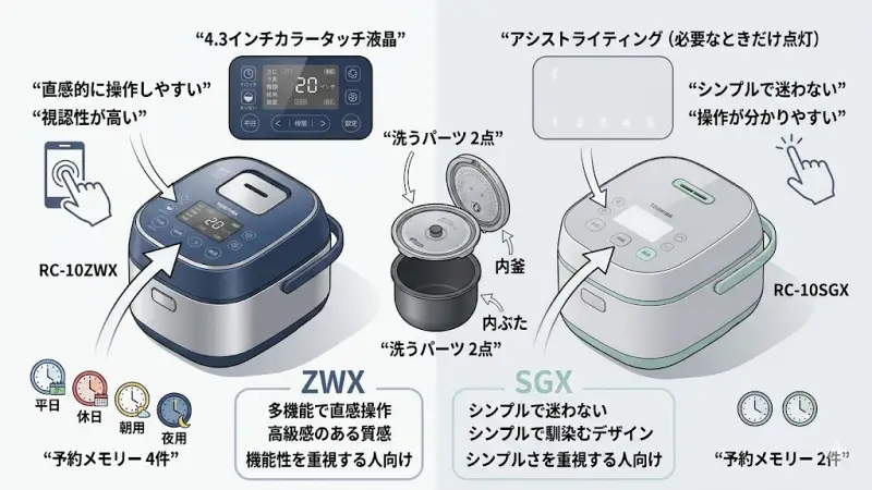 RC-10ZWXのカラータッチ液晶操作パネルとRC-10SGXのアシストライティング表示の比較写真