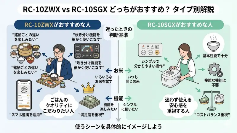 RC-10ZWXがおすすめなこだわり派とRC-10SGXがおすすめなシンプル派のタイプ別診断フローチャート