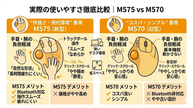 トラックボールマウスに手を置いた時のフィット感。M575の人間工学に基づいた形状と操作シーン