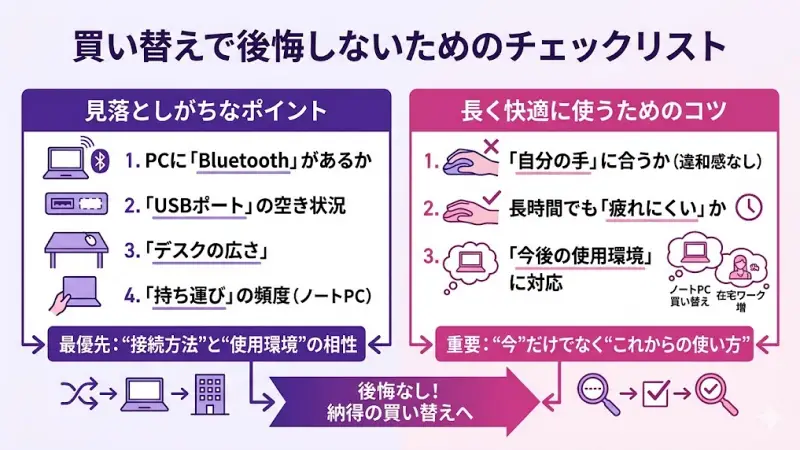 購入前に確認すべき4つのポイント（Bluetoothの有無、ポート空き、デスク広さ、持ち運び）のチェックリスト