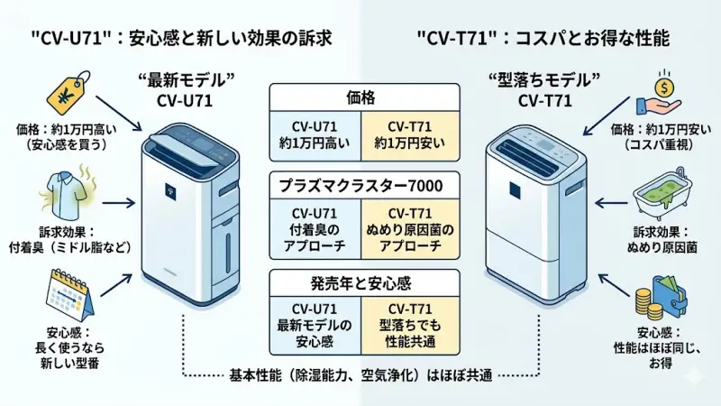 CV-U71とCV-T71の主な違いである「価格差」「プラズマクラスターの訴求内容」「発売年」の3点をまとめた比較図。