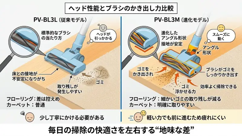壁際のゴミをしっかりかき出すPV-BL3Mのアングル形状ヘッドの仕組み