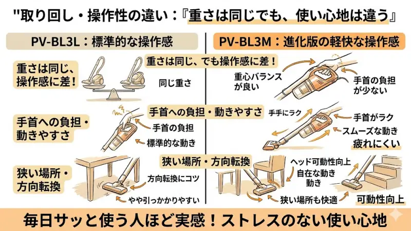狭い場所や段差でもスムーズに操作できる日立コードレス掃除機の取り回しイメージ