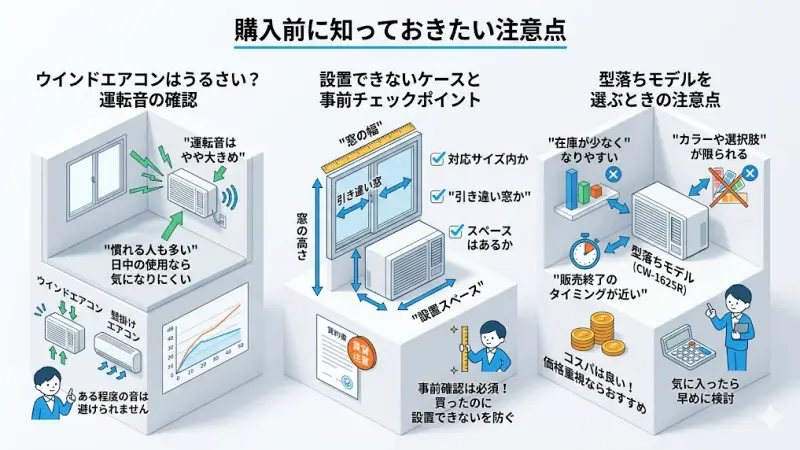 運転音の大きさ、設置可能な窓の条件、型落ちモデルを選ぶ際の在庫リスクなど、購入前に確認すべきデメリットや注意点。
