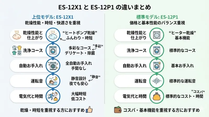 シャープのドラム式洗濯乾燥機ES-12X1とES-12P1の主な違いをまとめた結論セクション