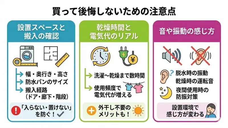 ドラム式洗濯機購入時の設置スペースやコスト、騒音などの注意点