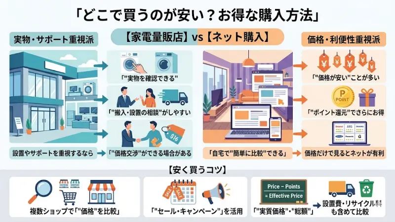 ドラム式洗濯機をお得に購入するための場所とコツの比較