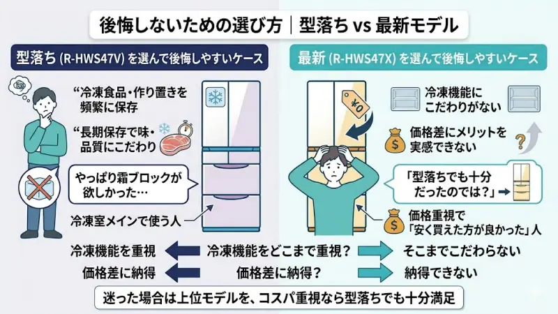 「冷凍の質」か「価格」か、ご自身の生活スタイルに合わせてR-HWS47XとR-HWS47Vのどちらを選べば後悔しないかを判断するためのフローチャート風イメージ。