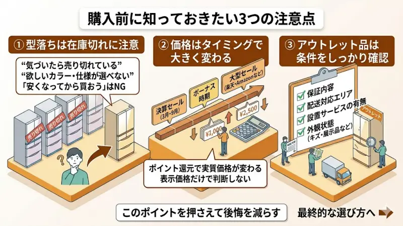 型落ちモデルの在庫切れリスク、購入タイミングによる価格変動、アウトレット品の保証条件など、購入前にチェックすべきポイントのチェックリスト。