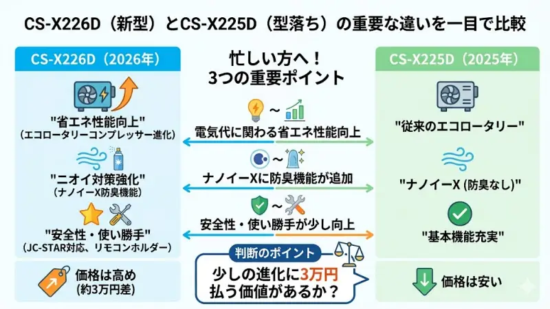 CS-X226DとCS-X225Dの主な違い（コンプレッサー、ナノイーX機能、価格など）をアイコンで視覚化した比較インフォグラフィック。