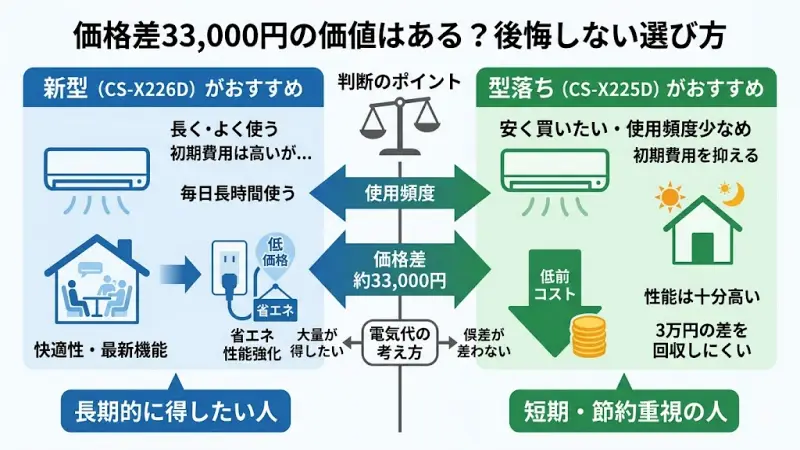 エアコン購入価格差33,000円と、10年間の電気代・快適性を天秤にかけた比較イラスト。使用頻度によるお得度の違いを表現。