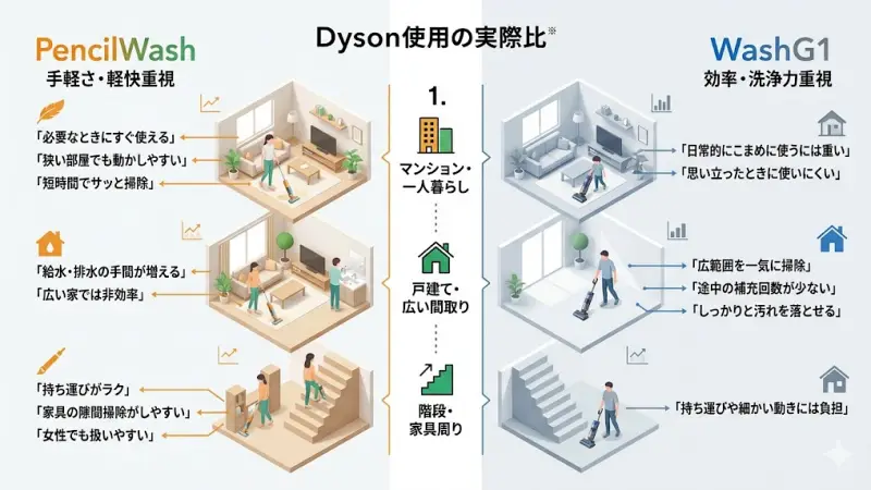 マンションの狭いスペース（PencilWash）、広い戸建てリビング（WashG1）、階段（PencilWash）での掃除シーン別比較イラスト