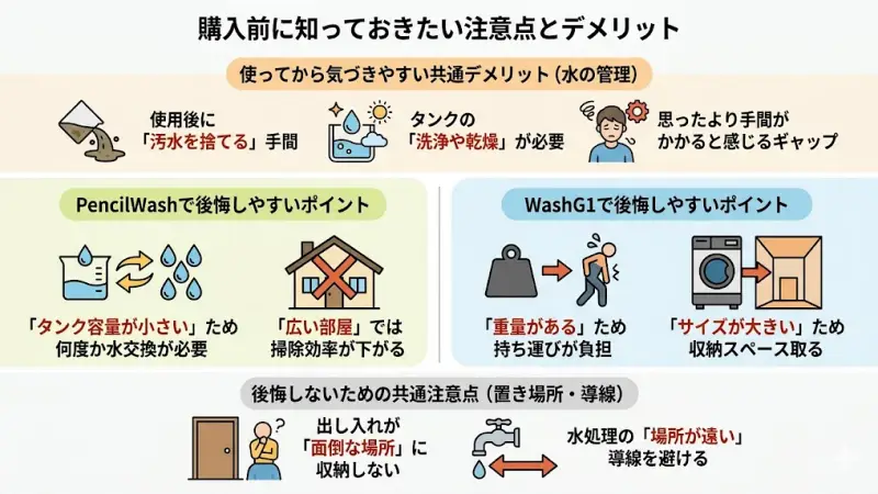 水拭き掃除機共通の手間（汚水処理）と、各モデル（重さ、タンク容量）の注意点をまとめた図
