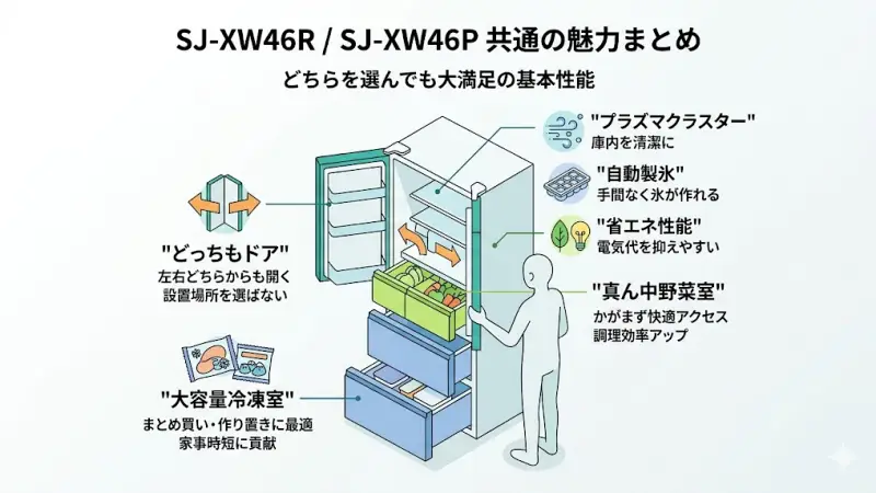 SJ-XW46RとSJ-XW46Pの共通機能（どっちもドア、真ん中野菜室、プラズマクラスターなど）