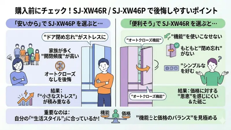 SJ-XW46RとSJ-XW46Pの購入後に後悔しやすい選び方の注意点