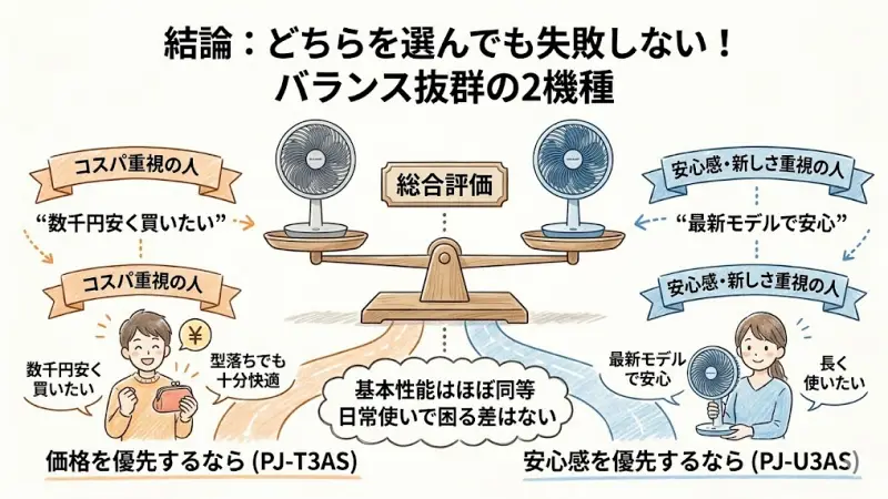 性能差がほぼないPJ-U3ASとPJ-T3ASは、どちらを選んでも満足度が高いことを表す総合評価のイメージ