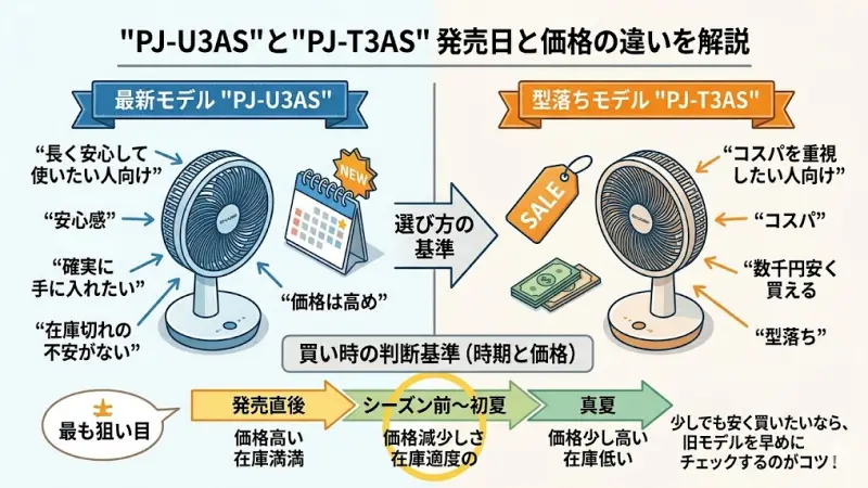 PJ-U3AS（最新モデル）とPJ-T3AS（型落ちモデル）の発売時期と、それに伴う価格差の推移イメージ