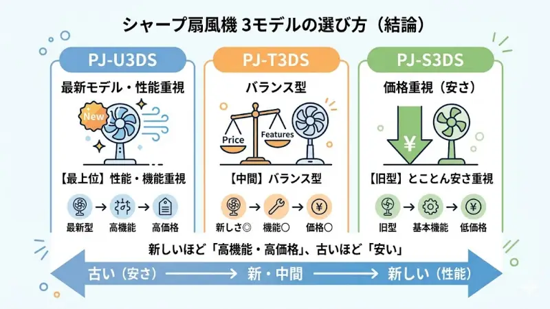 シャープ扇風機PJ-U3DS/T3DS/S3DSの違いと選び方の結論